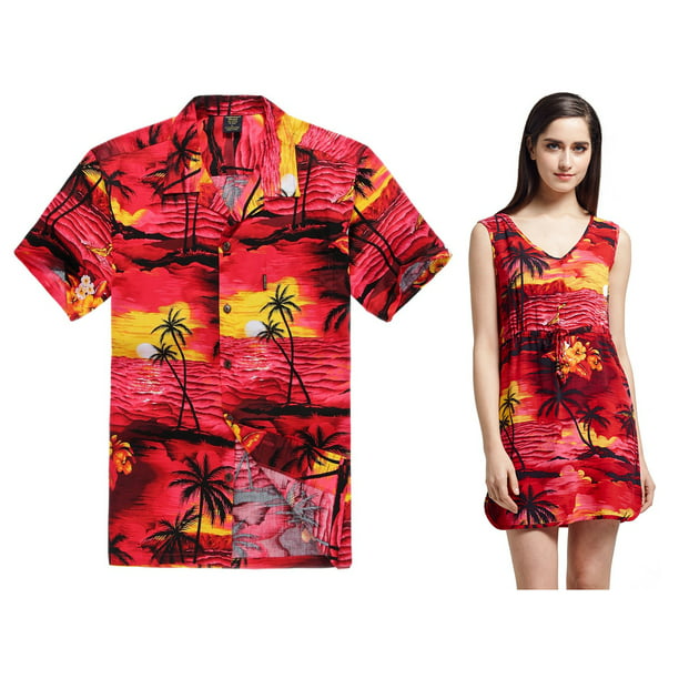 Couple Matching Hawaiian Luau Outfit Aloha Shirt Tank Dress in Sunset Red 
